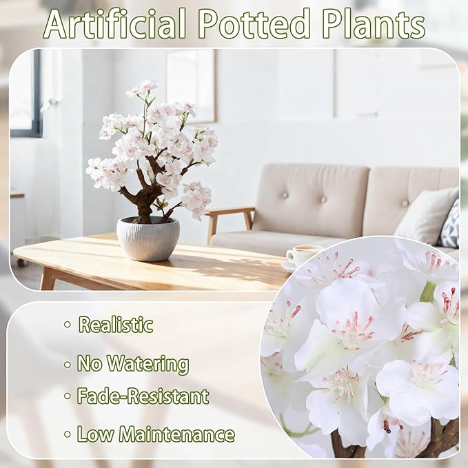 TOARTi Artificial White Cherry Blossom Potted Plant with Stone Pot, 12.6" Fake Flowers Potted Faux Plant Desk Decor, Realistic Decorative Plants Indoor Decor for for Home Bedroom Bathroom Office Desk