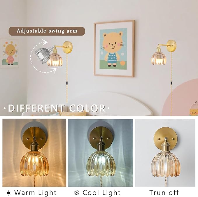 Plug in Wall Sconces Set of 2, Vintage Wall Lamp with Plug in Cord Amber Tulip Shade Decor Indoor, Gold Wall Light for Bedroom Bedside Kids Living Room Bathroom