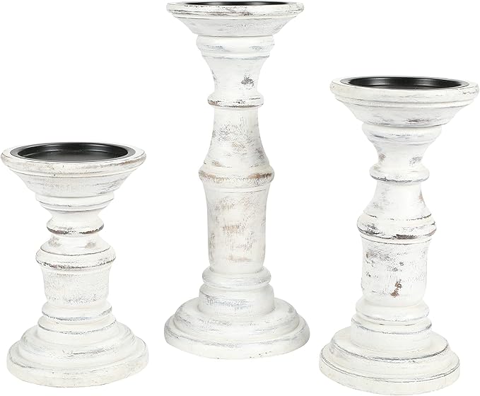 Candle Holder Stand Wooden, Pillar Candle Holders, Unity Candle Holders, Rounded Turned Colums, Country Style Ideal for Gift, Wedding, Christmas, Party, Spa - 10,8,6 Inch- Set of 3 - Antique White