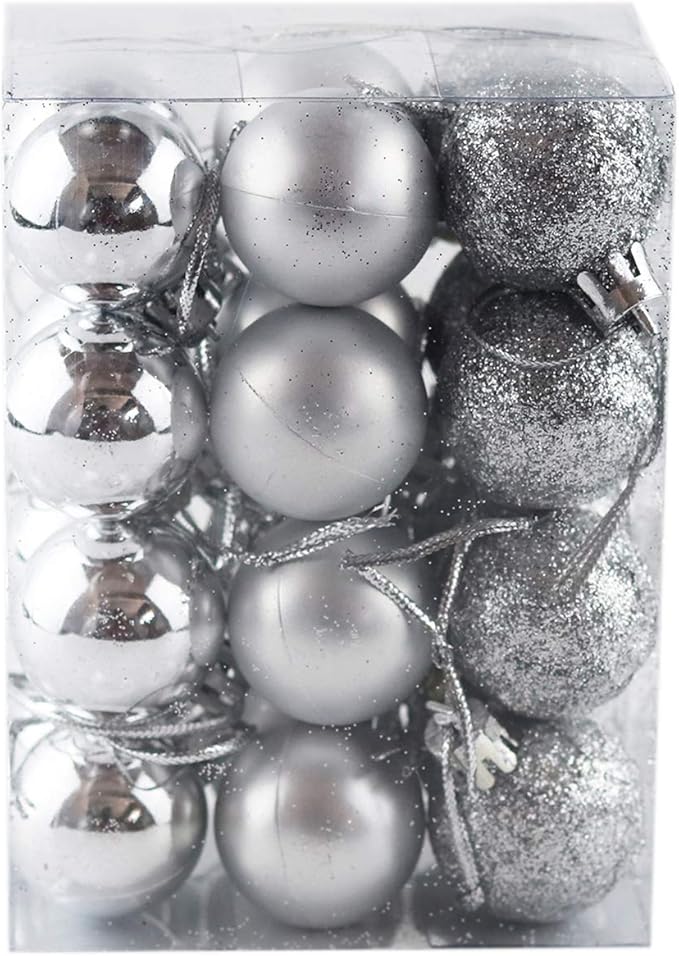 Bestjybt 24pcs 1.18" Small Christmas Ball Ornaments Shatterproof Christmas Decorations Tree Balls for Holiday Wedding Party Decoration, Tree Ornaments Hooks Included (Silver, 3cm/1.18")