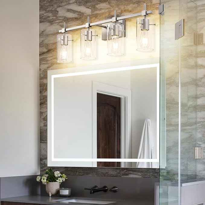 SOLFART 4 Light Bathroom Vanity Lights Bathroom Lights Over Mirror Vintage Bath Lighting Brushed Nickel Wall Sconce with Glass Shade