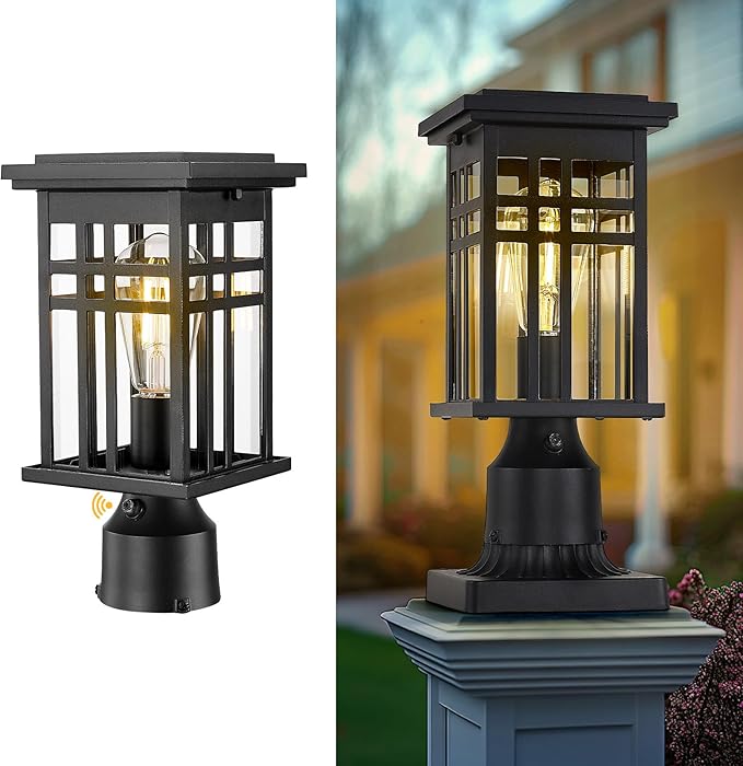 HWH INVESTMENT Outdoor Post Lantern Dusk to Dawn, Patio Pole Lamp Post for Yard Garden, Waterproof Exterior Lamp Post Lantern with Photocell Sensor, Clear Glass, 5HD36P PC BK