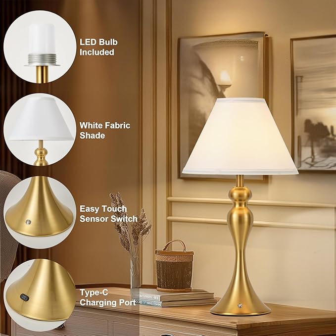 Rechargeable Cordless Table Lamps, Battery Operated Lamp with Fabric Shade for Decor, 3 Color Stepless Dimming LED Table Light, Nightstand Lamp for Nursery, Bedroom, Living Room, Home Office (Brass)