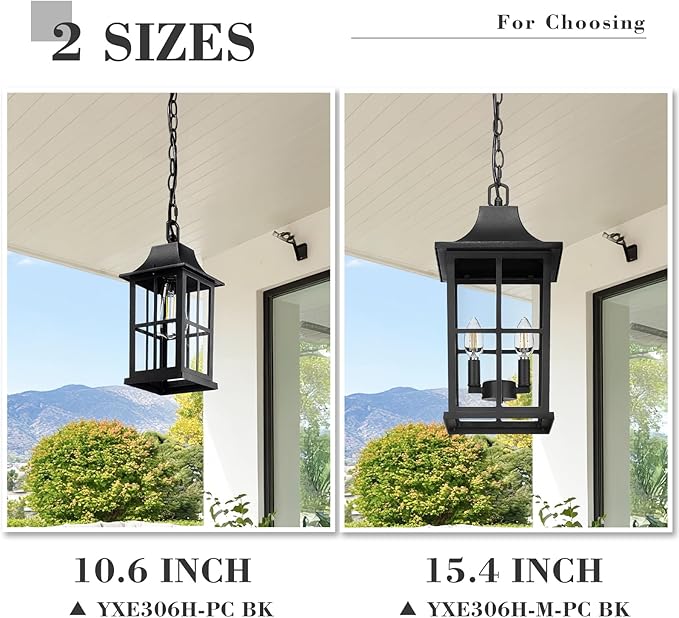 Emliviar Dusk to Dawn 2-Light Large Porch Light Outside Chandelier for Yard, 15.4" Black Hanging Lantern Light Fixture with E12 Base, Clear Glass, YXE306H-M-PC BK