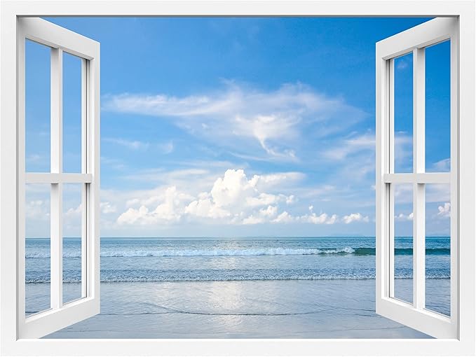 wall26 Removable Wall Sticker/Wall Mural Window View Bright Blue Cloud Sky Ocean Sea Horizon Wilderness Nature Photography Realism Rustic Landscape Colorful for Living Room, Bedroom, Office - 24"x32"