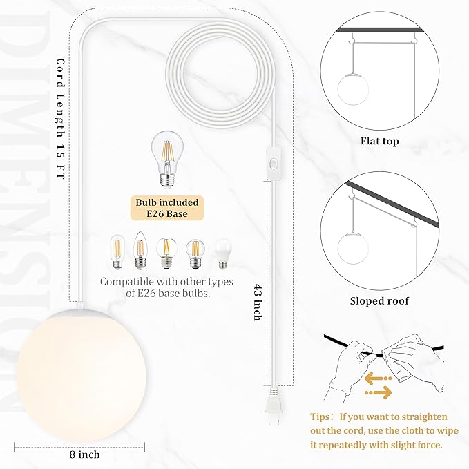 KoKo&Yukina 8" Globe Pendant Light White Plug in Pendant Light Adjustable Hanging Lights with Plug in Cord Matte White Finished with Milk Glass Lampshade for Bedroom Kitchen Island（Bulb Included）