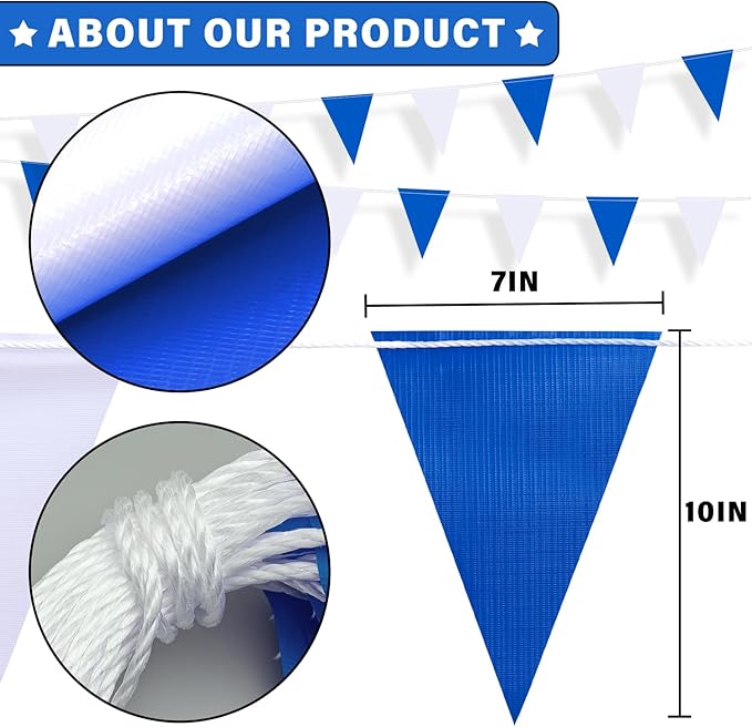105ft Pennant Banner Flags, 7x10 Blue and White 45 Pcs High Visibility Safety Flagging on String, Triangle Pool Flags for Backstroke, Construction Events Party Decoration Parking Marking Outside