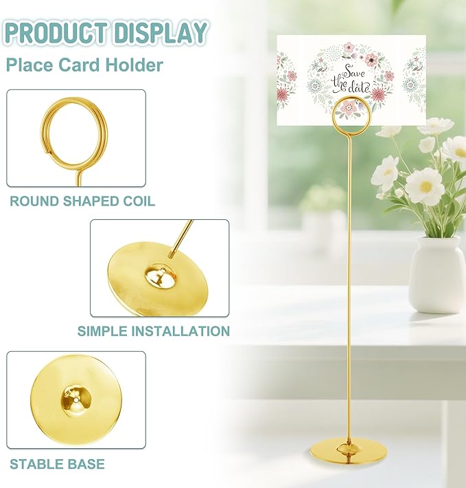 ERYTLLY 16PK Place Card Holders 12 Inch Table Number Holders Table Card Holders Steel Card Holders for Birthdays,Weddings,Photos, Food Signs, Memo Notes, Restaurants (Gold)