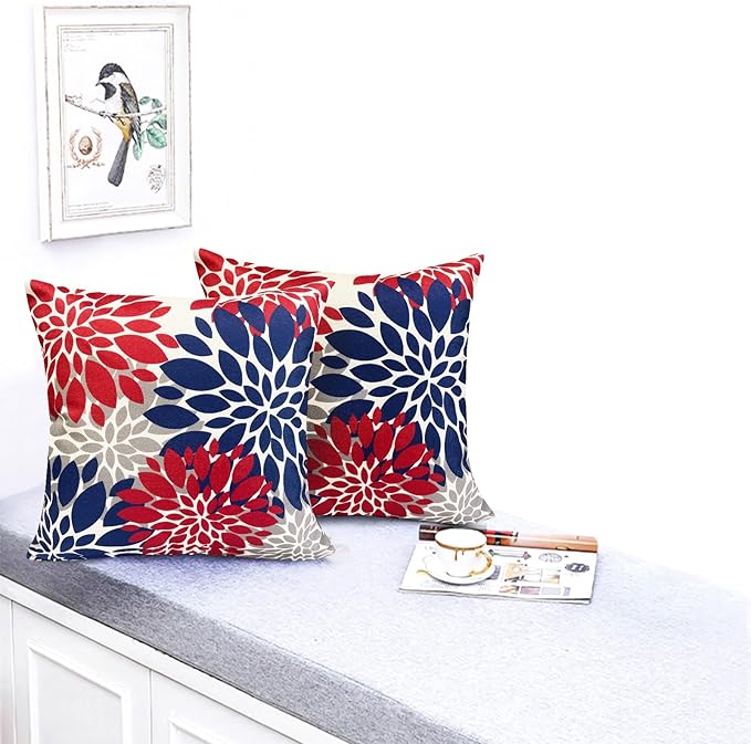 Decorative Throw Pillow Covers Set of 2 Red Blue Pillow Covers 16x16 Inch Couch Pillow Covers for Sofa Living Room Outdoor Throw Pillow Cover Linen Square Floral Flower Farmhouse Pillowcase