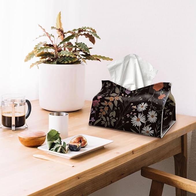Black Rectangle Tissue Box Cover, Flroal Decorative Tissue Paper Holder, Vintage PU Leather Tissue Holderm Cottagecore Farmhouse Decor for Bathroom Kitchen Living Room Desk 9.8x5.9x5.9