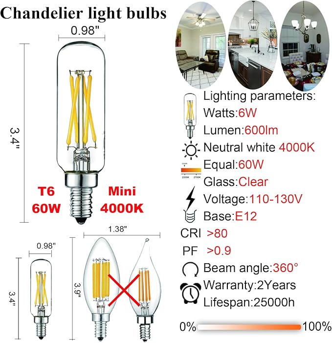 LiteHistory E12 led Bulb 6W Equivalent Candelabra Light Bulbs 60 watt Neutral White 4000K AC120V 600LM Dimmable T6 T25 for Chandeliers,Ceiling Fan and Wall sconces Pack of 6