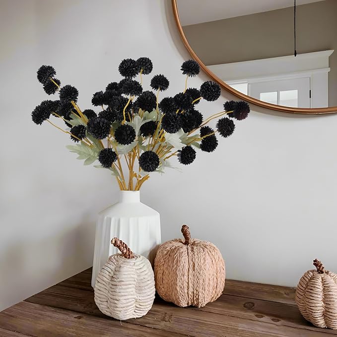 Hananona 12 Piece Artificial Chrysanthemum Flowers, Mini Black Kiku Pom Pom Mums Flower Faux Floral Arrangements Halloween Centerpiece for Fall Home Kitchen Decor (12, Black)