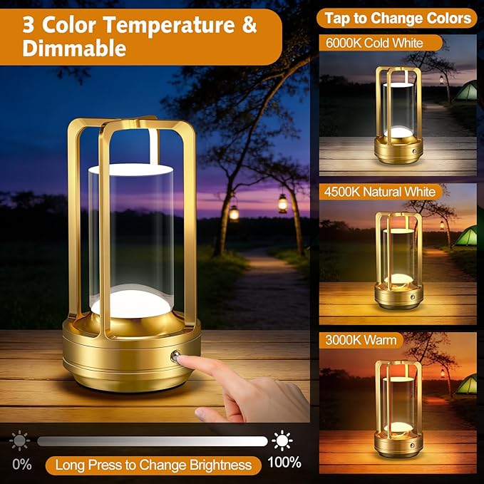 Portable Table Lamp for Outdoor Indoor: Cordless Rechargeable Desk Lamp with 3 Color Stepless Dimmable - Metal Battery Operated Lantern Light for Bedroom/Bar/Coffee Shop/Camping (Gold (2 Pack))