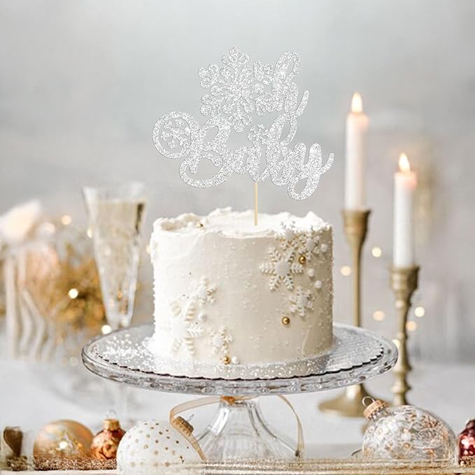 Gyufise 1 Pack Oh Baby Cake Topper Glitter Snowflake Baby Shower Cake Pick Decorations for Winter Theme Kids Birthday Party Supplies Silver