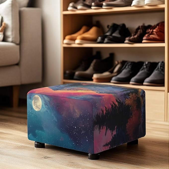 Mountain Oil Painting Ultra Soft Stretch Ottoman Cover Rectangular Ottoman Slipcover with Nonslip Elastic Band Foldable Portable Footrest Stool Cover for Travel Office Home Decor