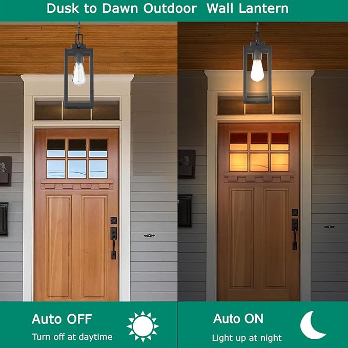 13 Inch Outdoor Pendant Light Dusk to Dawn Hanging Porch Light for Entrance Front Door Photocell Pendant Lights for Porch Dusk to Dawn Hanging Lantern Steel and Glass,E26