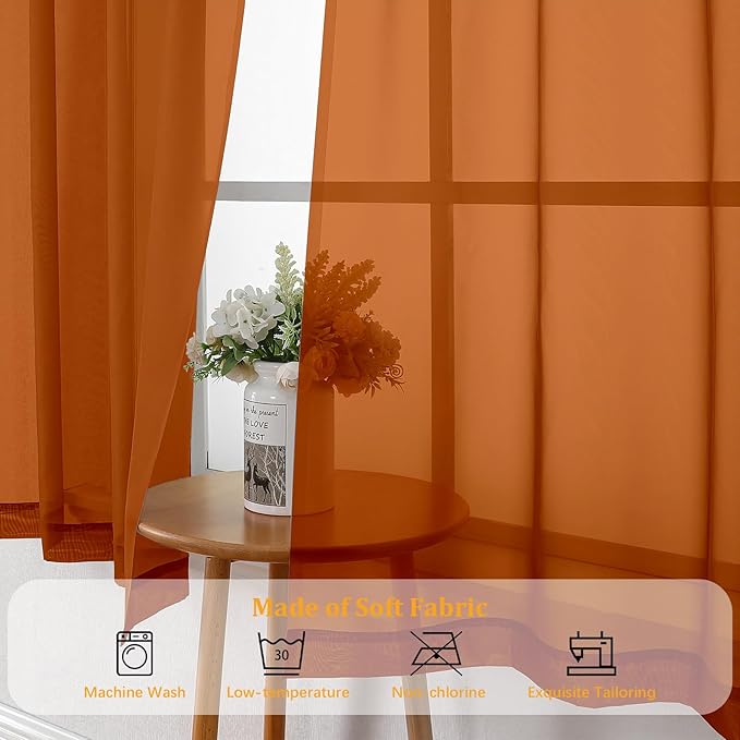 Gwine Sheer Curtains 72 Inches Long 2 Panels for Front Door, Light Filtering Fall Sheer Curtains for Living Room, Lightweight Rod Pocket Window Treatments Drapes, Each 42 Wx72 L, Burnt Orange