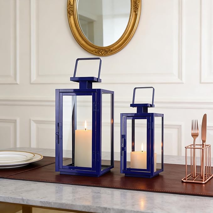 DECORKEY Christmas Lanterns Decorative Outdoor&Indoor, 17''&13'' Set of 2 Xmas Blue Lanterns Decorations for Home, Modern Hanging/Tabletop Candle Holders for Christmas Front Door Porch Patio Decor