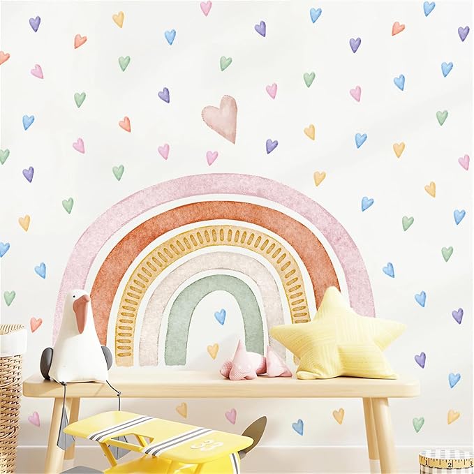 Large Rainbow Wall Decals, Peel and Stick Watercolor Pink Rainbow Wall Stickers, Multicolor Colorful Hearts Wall Decor for Girls Bedroom Nursery Classroom Playroom Living Room