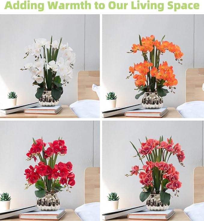 CXGS Artificial Orchid Flower Real Touch Faux Orchids in Ceramic Vase Large 22.9'' Fake Flowers Red Phalaenopsis Floral for Home Indoor Decor