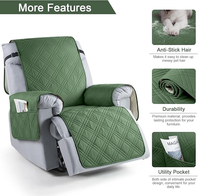 TAOCOCO Waterproof Recliner Chair Cover, Non Slip Oversized Recliner Covers for Recliner Chair with Pocket, Reclining Chair Cover Furniture Protector for Kids, Pets(Oversized Recliner, Vine Green)