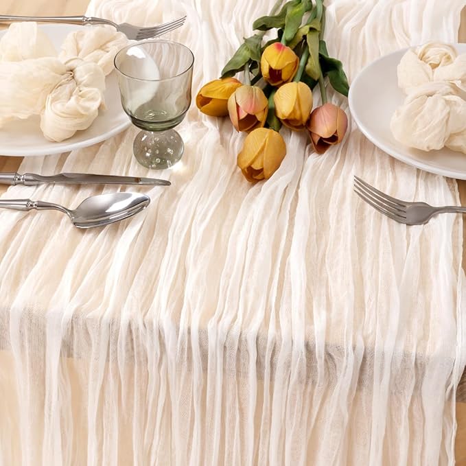 MLMC Ivory White Table Runner Rustic Gauze Cheesecloth Valentines Table Runner 10ft Cheese Cloth Centerpiece Decor 35x120 Inches for Dessert Anniversary Wedding Bridal Baby Shower Decor
