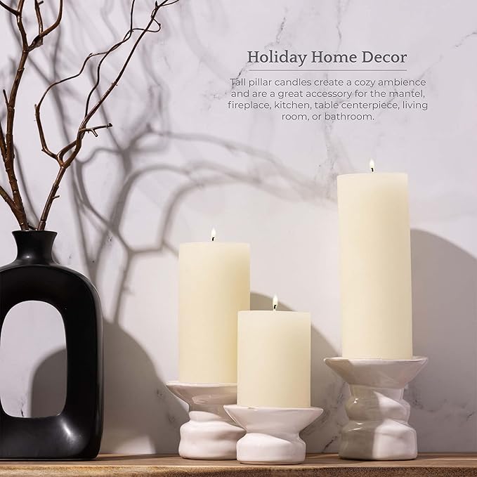 BASK Mottled Pillar Candles - Unscented Ivory Pillar Candles Set of 3 - Dripless, Smokeless for All Occasions