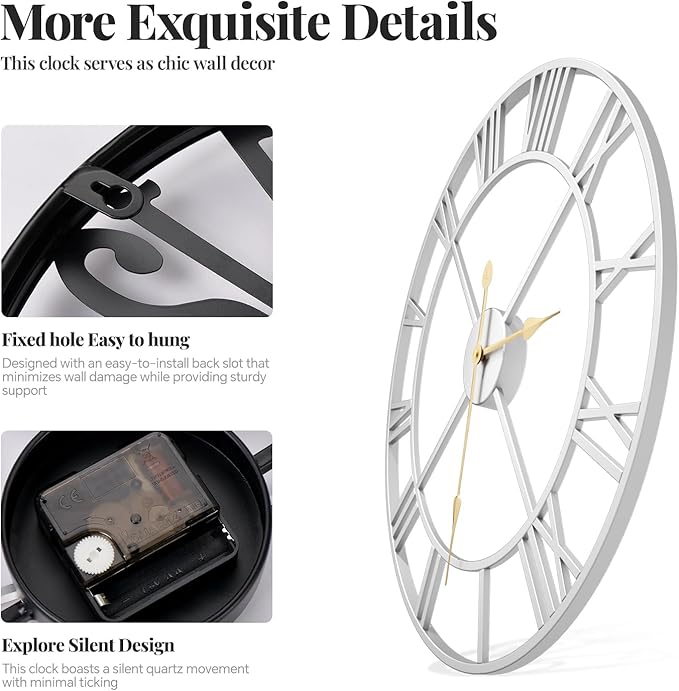 Cuspin Extra Large Wall Clock 36 Inch Silver Wall Clocks for Living Room, Modern Decorative Metal Wall Clock Battery-Operated Completely Silent Non Ticking Roman Numeral Analog Round Clock