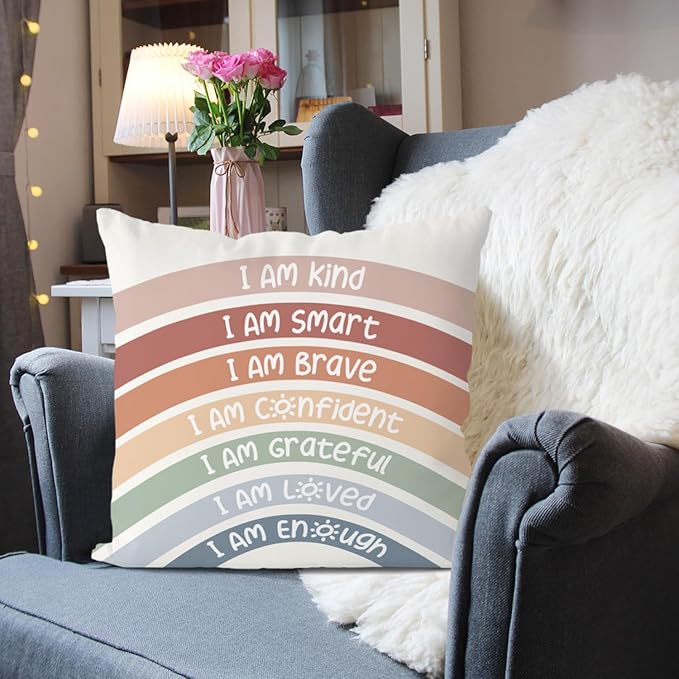 QIYUHOY Classroom Reading Corner Rainbow Decor Throw Pillow Covers, Book Center Calming Corner Home Bedroom Playroom Decor Pillow Case, 24x24 Inch Pillowcase(red)