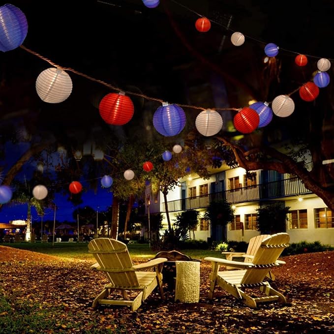 8.5Ft Red White Blue Lantern String Lights, 4th of July Decor Lights with 10 Red White Blue Lanterns Light Connectable Patriotic Outdoor Lanterns Light for Independence Day President Memorial Day