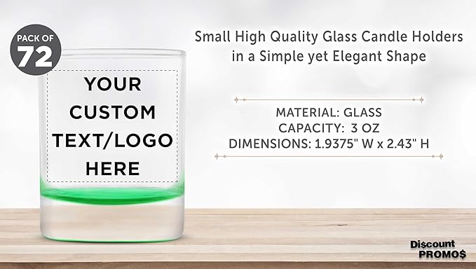 DISCOUNT PROMOS Custom Arc Votive Candle Holders 3 oz. Set of 72, Personalized Bulk Pack - Thick Base, Perfect for Wedding, Anniversary and Party Favors - Green Bottom