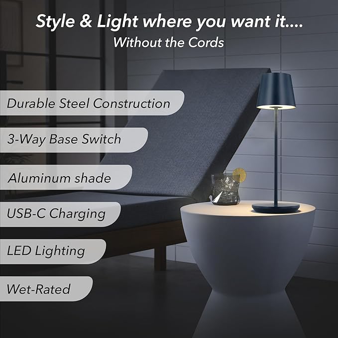 Generation Lighting Mena Accent Rechargeable Table Lamp – 14.5” Hague Blue Steel Lamp with 3-Way Base Switch, 2.4W Up/Down LED at 2700K, 260 Lumens, USB-C, Wet Rated (8000701-224)