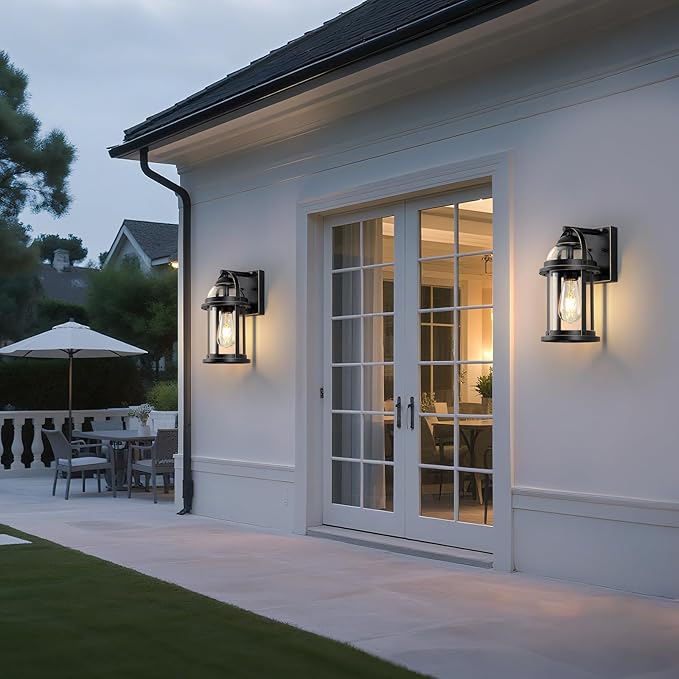 OKELI Dusk to Dawn Outdoor Wall Lights, Waterproof Lighting Fixtures Rustic Farmhouse Wall Lanterns with Clear Glass Shades Anti-Rust Outside Lights for House(Black with Gold-Trim, 2 Pack)
