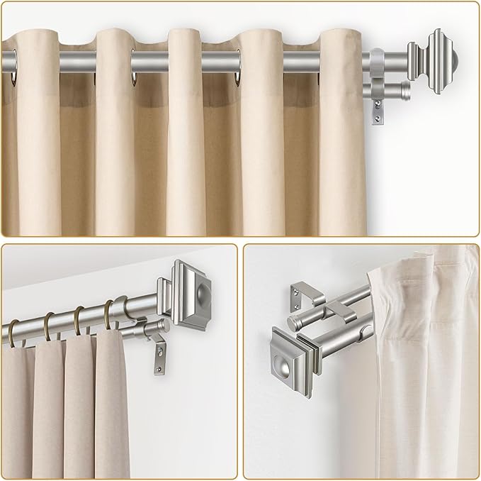 KAMANINA 1 Inch Double Curtain Rods 72 to 144 Inches (6-12 Feet) Telescoping Dark Silver Curtain Rod for Windows 69 to 140 Inches, Heavy Duty Drapery Rods with Square Finials