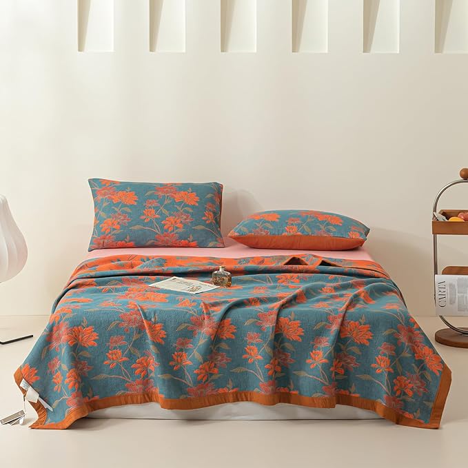 100% Cotton Muslin Blanket Jacquard Floral Flowers Bloosom Print Quilt, Soft Bed Cover 3 Layers Reversible Bedspread Coverlet Breathable Lightweight Bedding Twin(59"x94"), No Pillow Sham