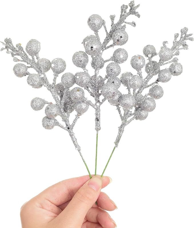 Lvydec 16pcs Christmas Glitter Berries Stems Clearance, 7.8" Artificial Christmas Picks for Christmas Tree Ornaments, DIY Xmas Wreath, Crafts, Holiday and Home Decor (Silver)