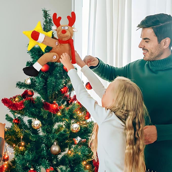 Handmade Christmas Tree Reindeer Toppers with Lights - Embrace Reindeer with Lighted Star for Christmas Home Decoration