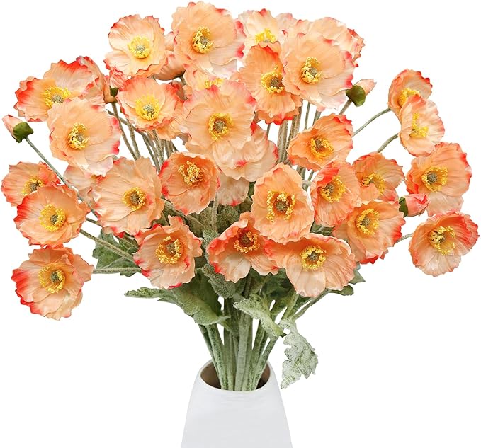 12PCS Poppy Flowers Artificial 23" Real Touch Stems Faux Poppies Silk Flowers for Home Decor Indoor (Coral Pink)