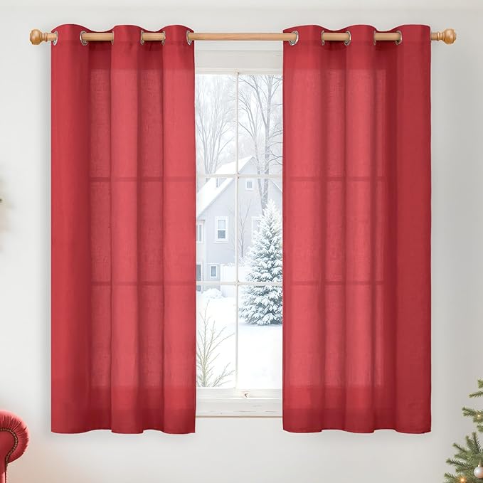 YoungsTex Red Linen Kitchen Curtains 45 Inches Long, Short Light Filtering Drapes with Grommet Semi Sheer Christmas Decor for Bathroom Living Room Window, 2 Panels, 42 X 45 Inch