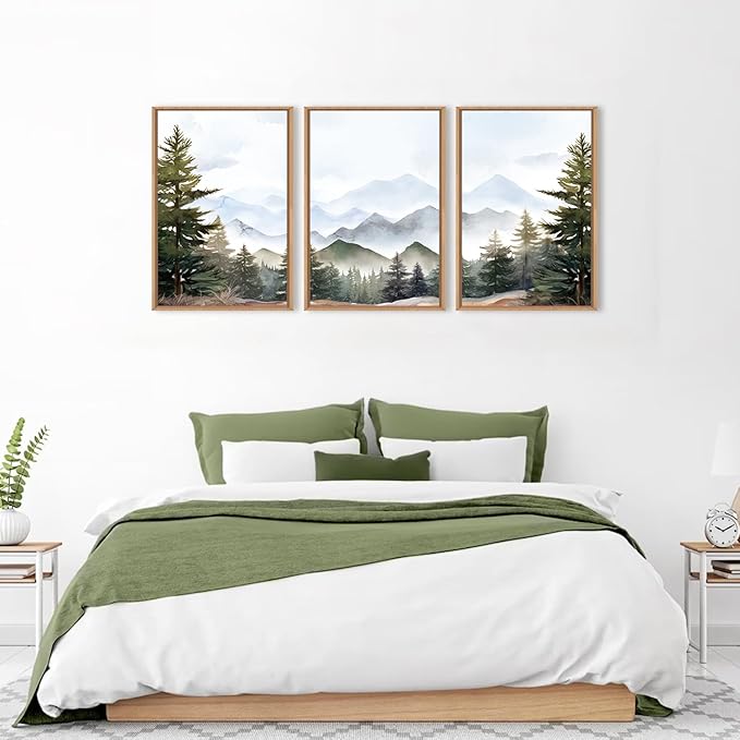 KAIRNE Framed Mountain Canvas Wall Art Set, Misty Forest Wall Decor, Green Pine Tree Wall Painting, Nature Widerness Landscape Art Print for Living Room, Bedroom, Study, Gallery - 24"x36"x3