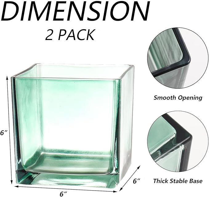 Square Green Glass Vases Set of 2, 6" x 6" x 6" Square Vase for Centerpieces, Flower Vases for CenterpieSquare Vaseces, Small Vase for Wedding, Party, Home Office Decoration