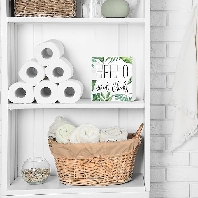 LVQHI Cute Bathroom Shelf Decor, Hello Sweet Cheeks Sign Wooden Box for Shelves Toilet Restroom Tabletop Decoration, Funny Green Plant Bathroom Sign Decor,5'' L x 5" H ﻿