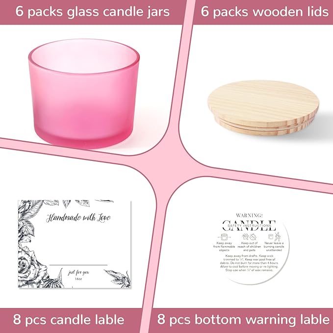 6 Pack Glass Candle Jars with Lids (16oz, Frosted Pink) - Large Candle Jars for 3 Wick Candles Making - Empty Candle Jars Containers - Candle Making Accessories include 16Pcs Candle Labels