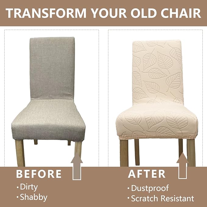 Dining Chair Covers,Dining Room Chair Covers Set of 4,Printed Chair Slipcover, Soft Removable Washable,Pet Friendly Furniture Protector Seat Cover,Universal Fit for Hotel,Banquet（Beige Leaf）