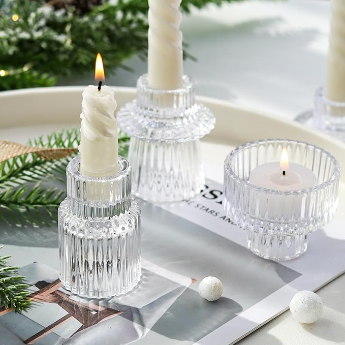 Ribbed Glass Candlestick Holders 6PCS Clear Candle Stick Holders for Tealight Taper Candles Dining Table Centerpieces Holiday Decoration