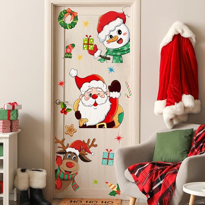 Christmas Door Decals Santa Claus Snowman Reindeer Door Stickers Cute Christmas Decals for Xmas Winter Holiday Living Room Bedroom Decorations