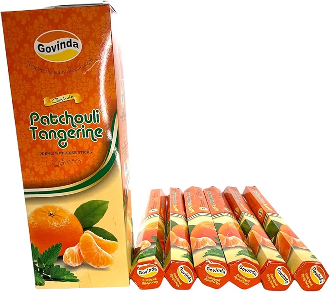 Govinda Premium Incense - 120 Incense Sticks, Masala Coated (Patchouli Tangerine)