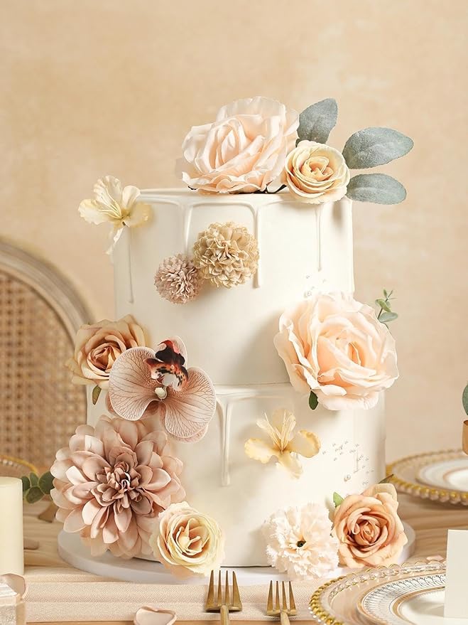 Artificial Flowers Set Champagne Coffee Silk Fake Flowers with Stems for DIY Wedding Bridal Bouquets Cake Arch Floral Arrangement Table Centerpieces Baby Shower Party Home Decorations
