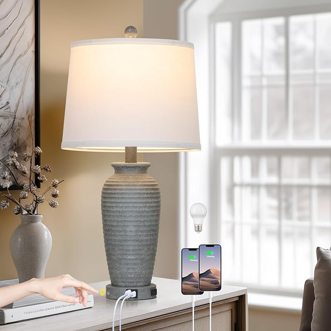 25" Grey Farmhouse Jar Table Lamps, 3 Way Touch Control Rustic Bedside Lamps with USB A+C Ports & AC Outlet, Pot Nightstand Lamps for Bedroom End Table (LED Bulbs Included)