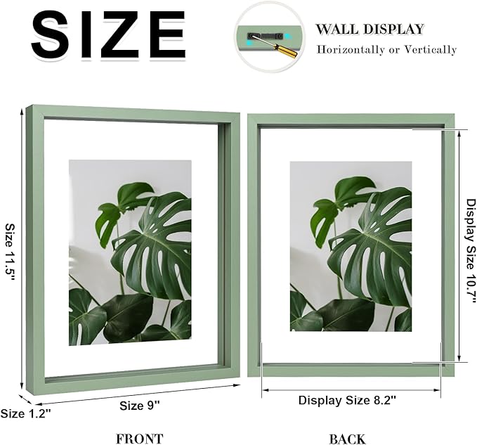 Egofine 8.5x11 Floating Frames Set of 2, Double Plexiglass Picture Frame, Made of Solid Wood Display Any Size Photo up to 8.5x11, Wall Mount or Tabletop Standing, Green